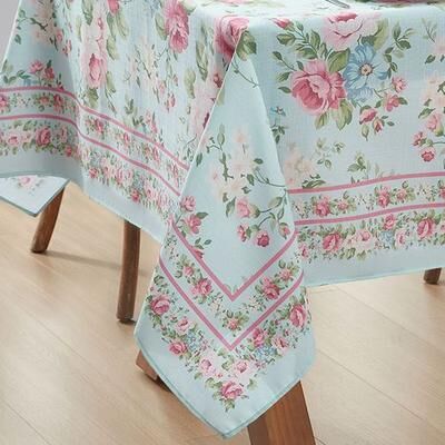 Threadmade Home Llc Timeless Floral Rectangle Tablecloth Pastel Blue, 52 x 70, Pastel Blue