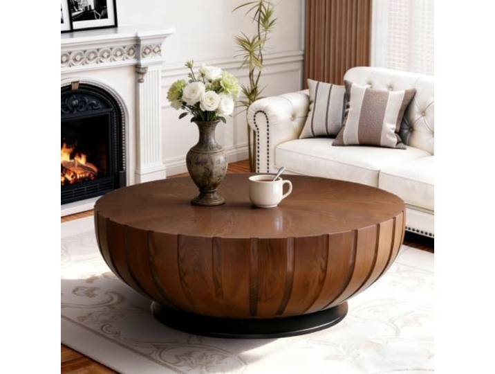 LOVEHOUGES Runder Couchtisch aus Holz in Trommelform Massives Holzfurnier, stabiler Sockel, einzigartiger, handgefertigter Teetisch aus Holz, einfache Montage
