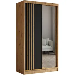 KLEIDERSCHRANK mit Spiegel-Schiebetüren und Aluminium-Leisten, LED-Beleuchtung - NALLA - 120 cm Artisan+Schwarz+Artisan