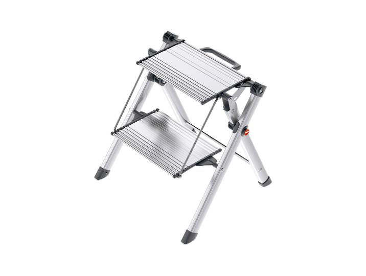 Trittleiter HAILO MK80 Comfort Line 2 Stufen , silber (silberfarben), B:46cm H:45cm L:43cm, Aluminium, Leitern, Trittleiter, Tragegriff mit integrierter Entriegelungsfunktion