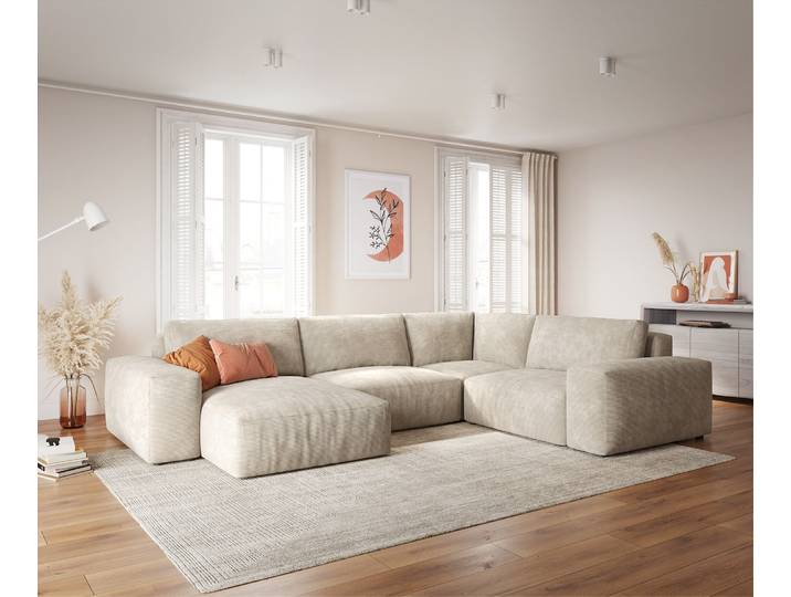 Wohnlandschaft Lanzo XL 360x260 cm Cord Beige Recamiere variabel, Wohnlandschaften