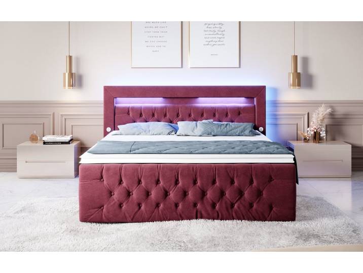 Boxspringbett Sunshine mit indirekter Beleuchtung, USB und Stauraum - 140x200 - Rot - H4 (100kg+) - Luxusbetten24
