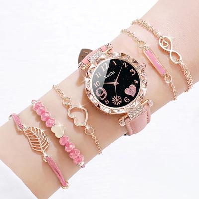 Uplift Essentials 6 Piece Fashion Heart Dial Watch Set Elegant Leather Band & Leaf Bracelet Collection pink