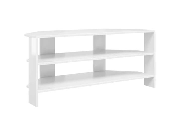 Roanoer Eck TV Schrank Hochglanz Weiß 102x40,5x45cm Holzwerkstoff Platzsparender Eck-Fernsehtisch mit 2 offenen Fächern für Wohnzimmer und Schlafzimmer. Ideal für Mediengeräte.