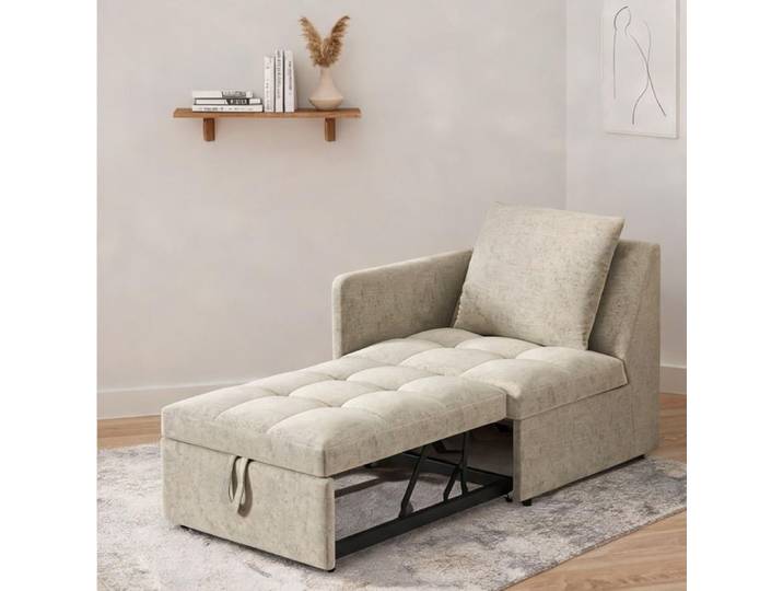 Canapé convertible multifonction gain de place pour petits espaces revêtement lin finition beige
