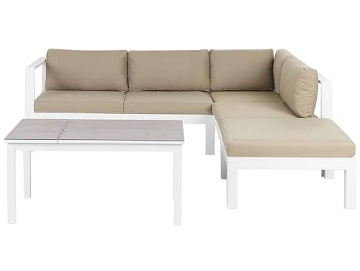 Beliani Lounge Set weiß Aluminium Ecksofa mit Auflagen sandbeige Tisch Ottomane Messina