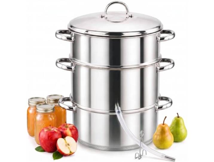 Cook N Home, Edelstahl-Frucht-Entsafter, Dampfgarer, 28 cm, silberfarben Dampf mit Saftpfanne, Sieb, Dampfgarer, Deckel & Schlauchschelle - Multi-Topf-Set für Gelee, Marmelade, Sirup