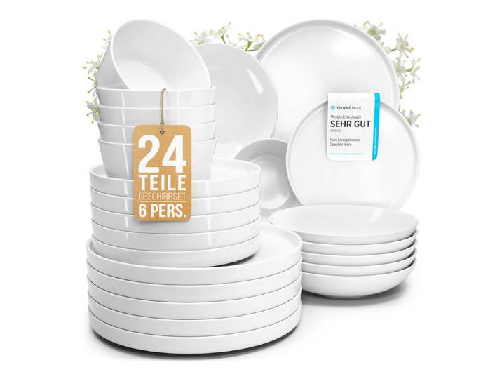 PURE LIVING INTERIOR DESIGN Geschirr-Set Pure Living »Crystal« (24-tlg), 6 Personen, Porzellan Weiß, 6 Personen, Porzellan, Zeitloses minimalistisches Design, Reines Weiß – elegant & schlicht, …