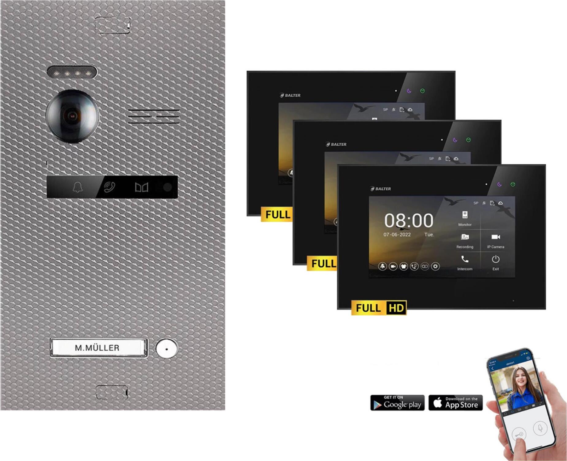 HD WLAN Video Gegensprechanlage BALTER EVO für 1-Familienhaus, 3x Monitor, mit Smartphone App Karbon-Silver Schwarz