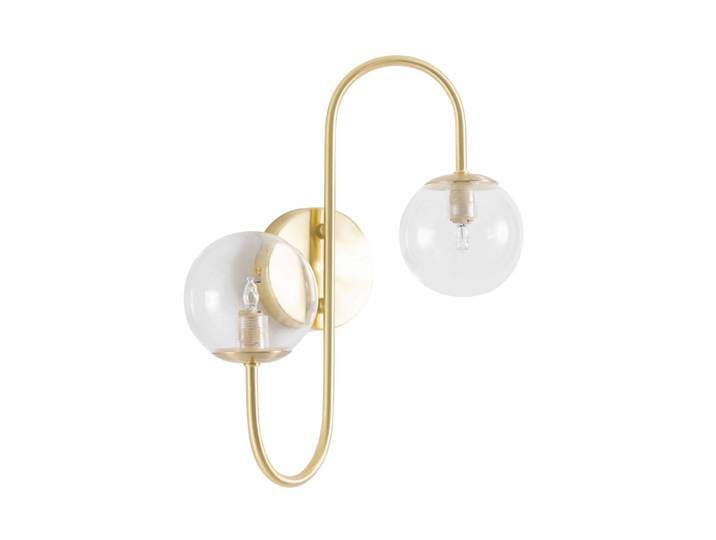 Wandleuchte mit 2 Kugelschirmen aus Glas und goldfarbenem Metall