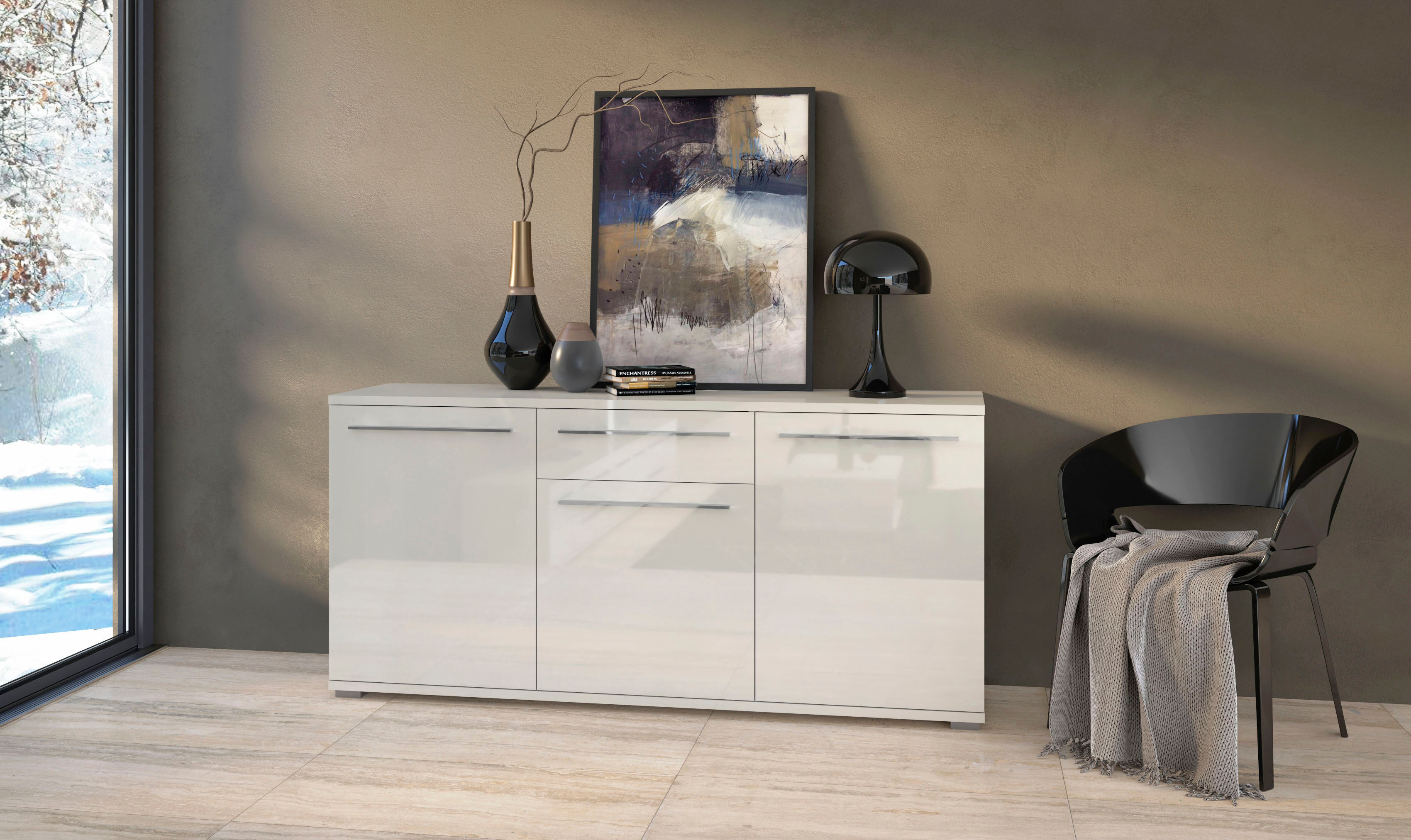 Kommode OTTO HOME "Piano", beige (beige hochglanz), B:180cm H:84,6cm T:45,2cm, Holzwerkstoff, Sideboards, Kommode, Hochglanz UV lackiert, Soft-Close Funktion