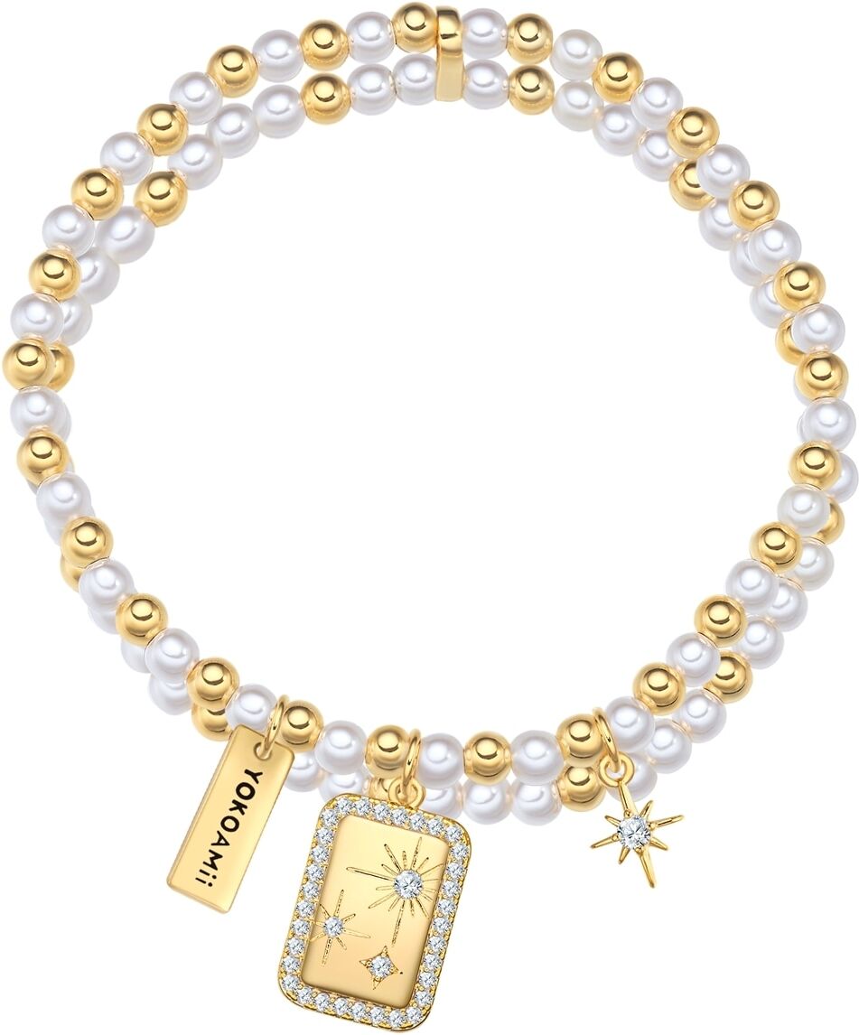 Perlenarmband YOKOAMII "Y509", gelb (gelbgold, weiß), Armbänder, Damen, Perlenarmband, mit Perle (synth.)