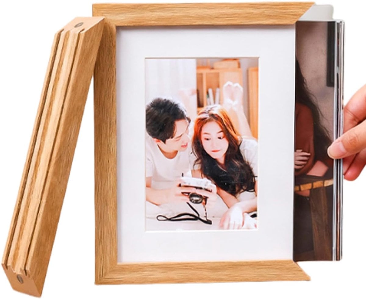 Fotolijst met opslag en magnetische snelwissel - Fotohouder organizer - Houtkleur - 18 cm