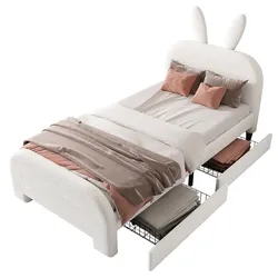 OKWISH Flaches Bett 90x200 mit Schubladen, kreatives Kaninchen-Design, Softbag-Kopfteil, Lammwolle Bezug, Stauraum Weiß