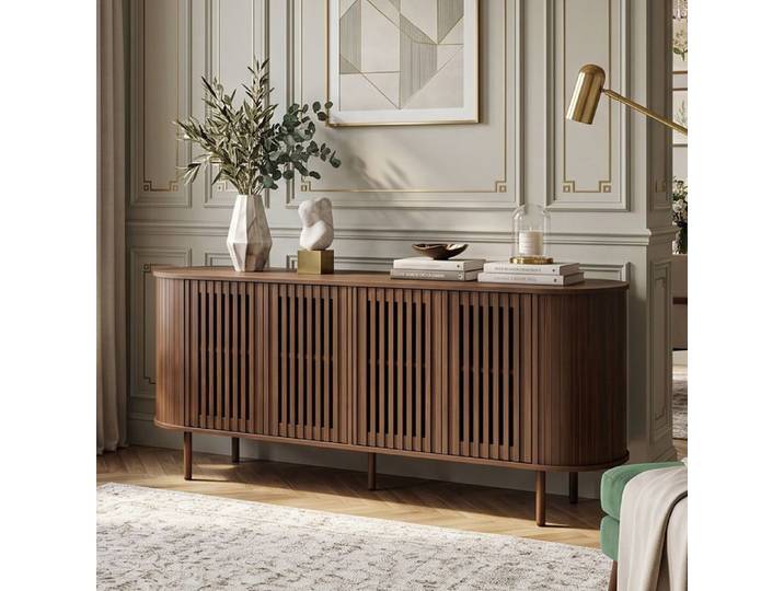 Buffet Bas Enfilade 160x40x70cm Grand Rangement 4 Portes Ajourées Push-to-Open & Étagères Réglables