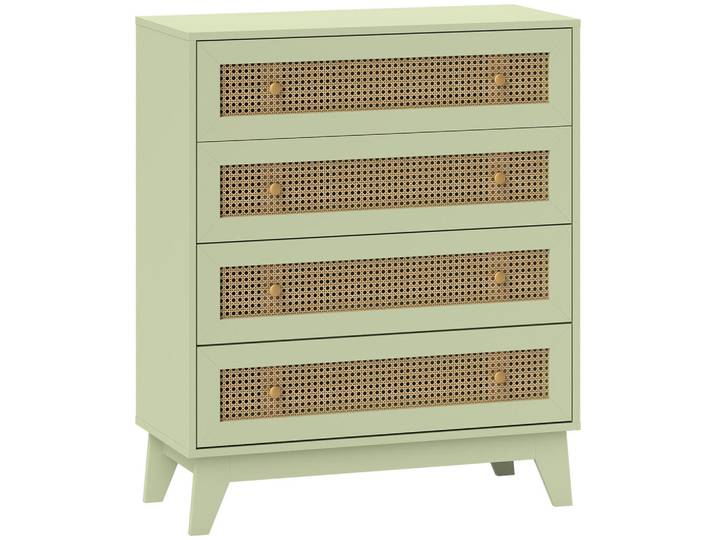 ComfortXL Komoode De-12954 4 Schubladen mit Rattan Grün, 80x95x35 cm, Kleinmöbel, Kommoden, Kommoden