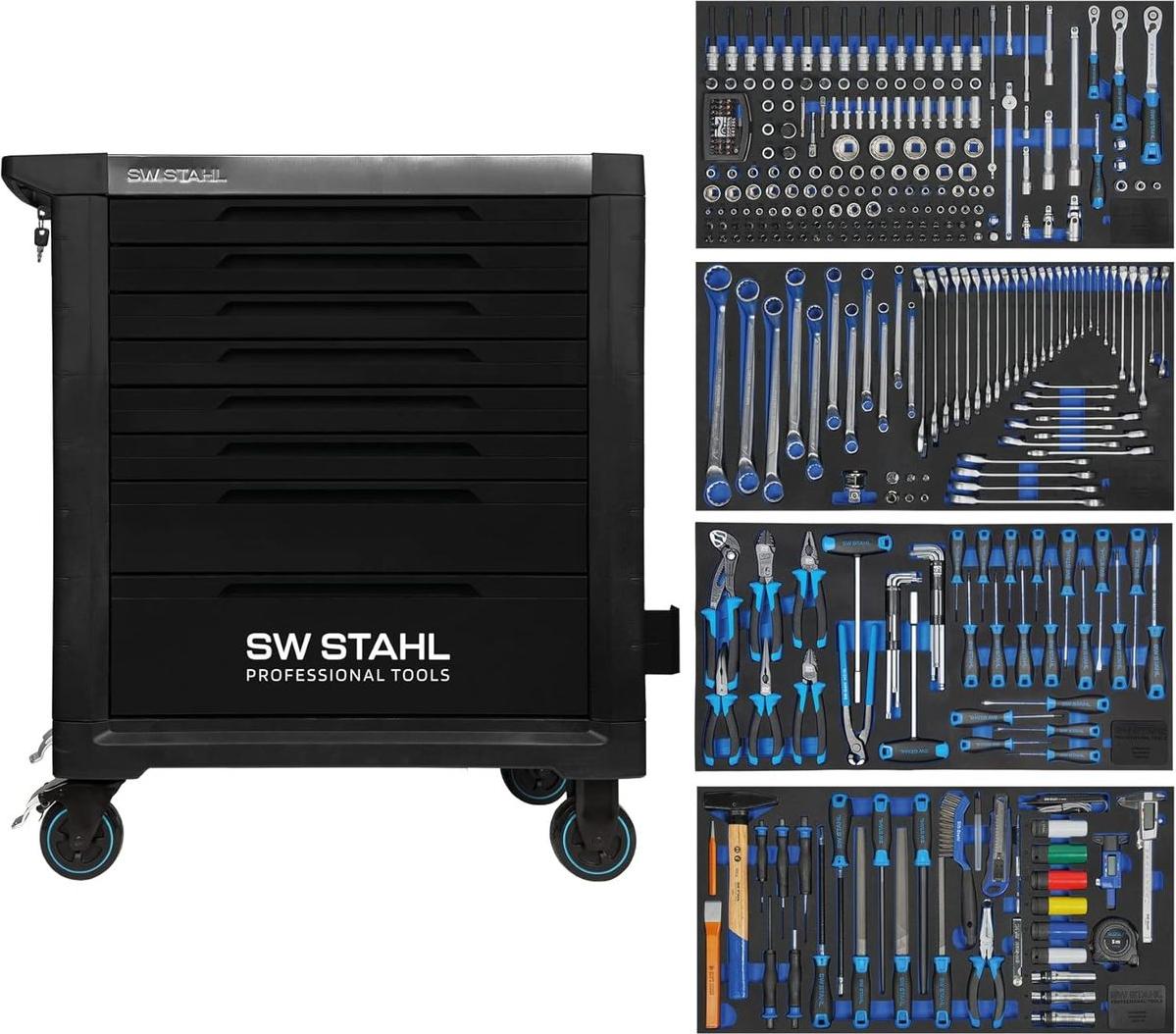 SW-Stahl Z3212 Profi Werkstattwagen TT802 schwarz I 8 Schubladen I 4 Schubladen gefüllt I 338 teilig I Werkstatt Rollwagen mit Werkzeug bestückt I Twin-Lock I Werkstattwagen kit I voll ausgestattet