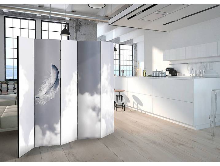 Paravent Angelic Feather Akustik Vlies auf Kiefer Massiv Weiß 225 x 172cm