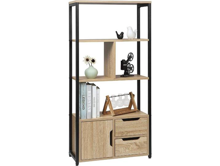 Woltu - Bibliothèque Étagère De Rangement\, Avec Tiroirs\, 58x24x120cm\, En Métal Et Mdf\, Style Industrie\, Chêne Clair