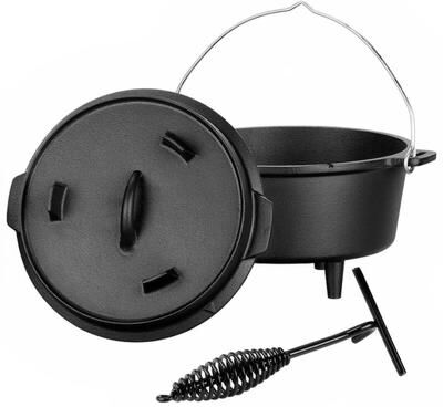 6 Quart Pre-Seasoned Cast Iron Dutch Oven with Skillet Lid, Outdoor Camping Deep Pot for Fireplace Cooking, BBQ, Baking