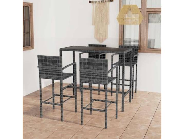 PE Rattan pulverbeschichteter Stahlrahmen mit gehärtetem Glas 5 tlg. 5-tlg. Gartenbar-Set Poly Rattan Grau Bistro Tisch 4 Barhocker Set Balkon Terrasse Wetterfest Stahl Glas