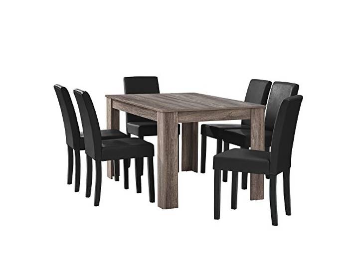 [en.casa] Esstisch Eiche antik mit 6 Stühlen schwarz Kunstleder gepolstert 140x90 Essgruppe Esszimmer