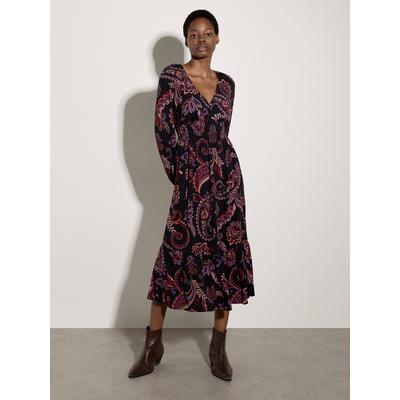 Midikleid APRICOT "Wadenlanges Kleid mit Blumen", Damen, Gr. 12, Normalgrößen, gewebt, bunt (lila), gewebt, , Modisch, normal, V-Ausschnitt, Elastische Bündchen, Kleider Midikleid, mit Smokdetails