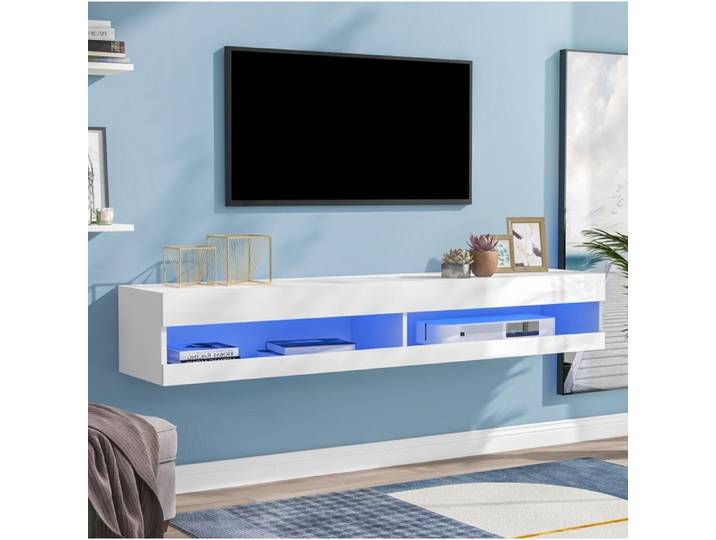 COVREO Meuble TV mural LED 140 cm en MDF blanc design moderne