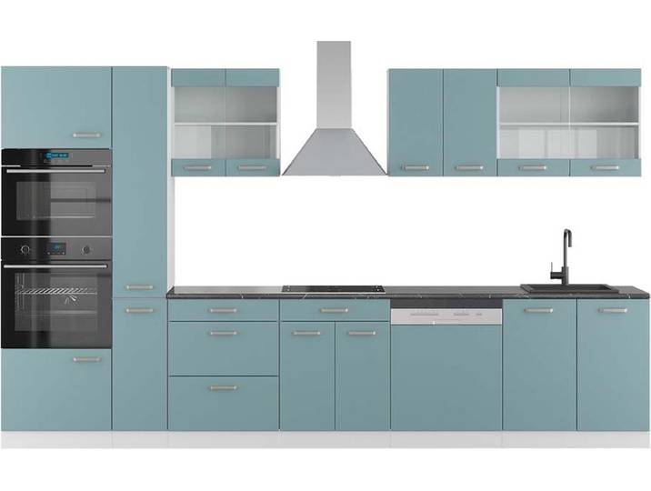 Küchenzeile Vicco R-Line Blau-Grau/Weiß 350 cm mit Hochschrank, AP Anthrazit, Model 42536