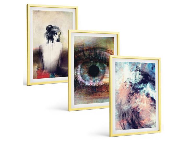 BILDER SET 3er Set - 40x60 cm Goldrahmen - Porträt einer Frau mit abstrakten Emotionen