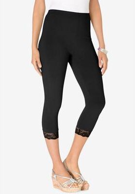 Plus Size Women's Lace Trim Essential Stretch Capri Legging by Roaman's in Black (Size 6X) Activewear Workout Yoga Pants