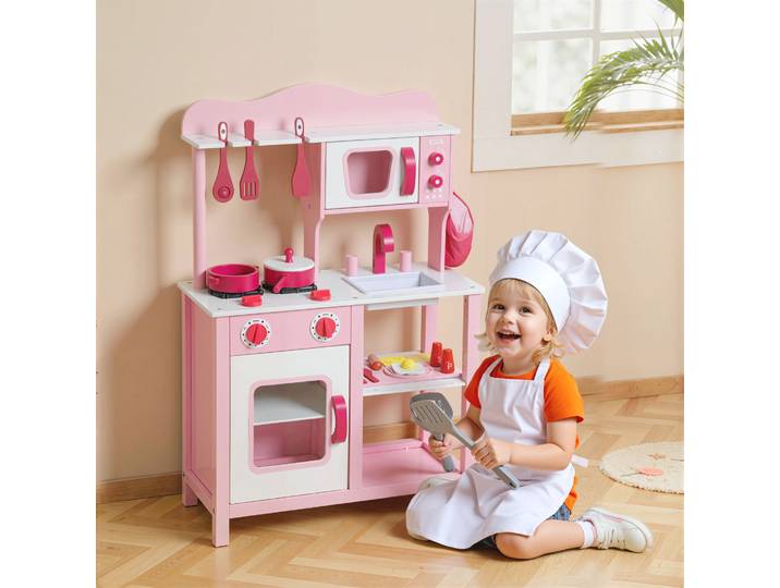 AIYAPLAY Cuisine Enfant Bois Rose 55x24x86 cm avec Micro-ondes