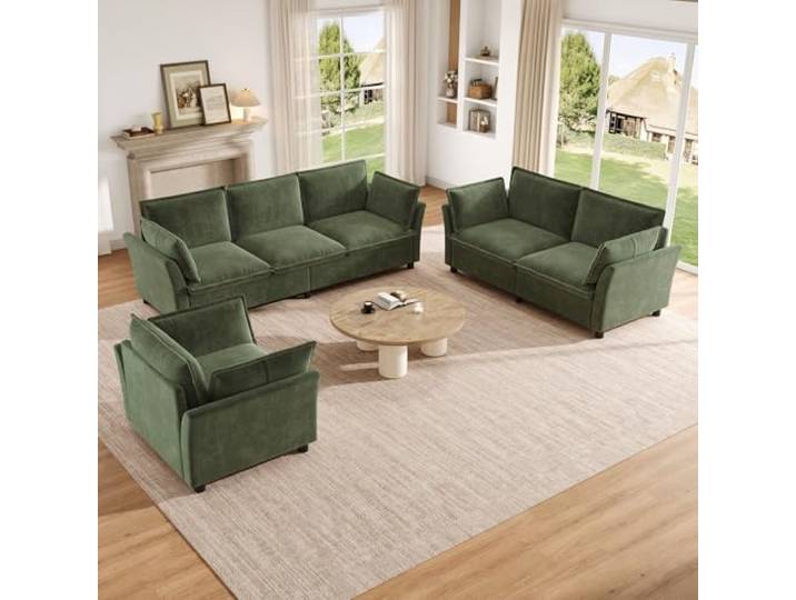 BTM Modern Sofa Set 3 2 1 Wohnzimmer Polstergarnitur mit Kissen, Cloud Modulare Sofa Couchgarnitur, Chenille, Dunkelgrün