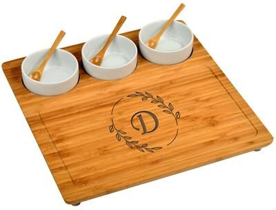 Picnic at Ascot Personalized Bamboo Cheese, Charcuterie Board with Ceramic Ramekins