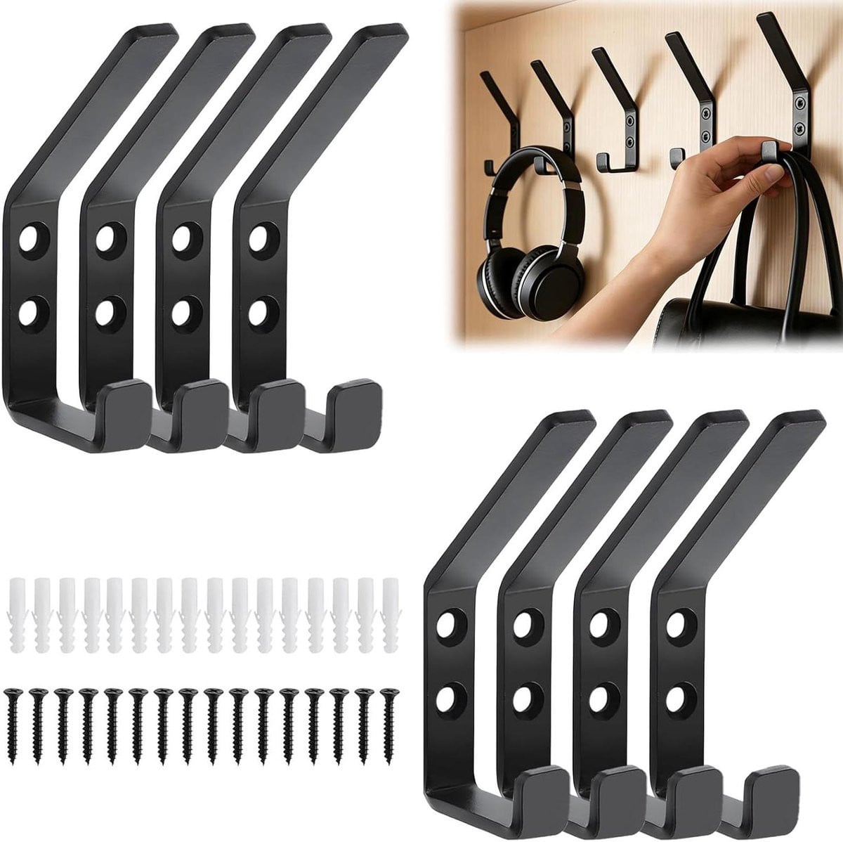 Set van 8 zwarte metalen kledinghaken voor je garderobe