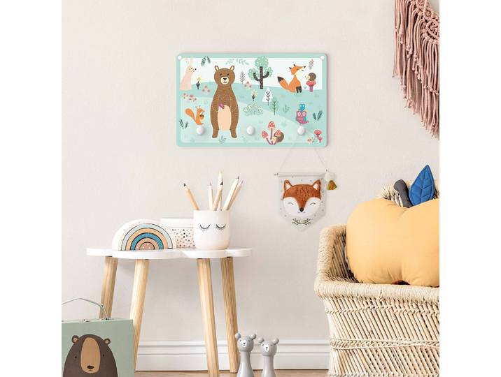 Kindergarderobe Waldtiere auf Lichtung 40 x 25 x 1cm Multicolor