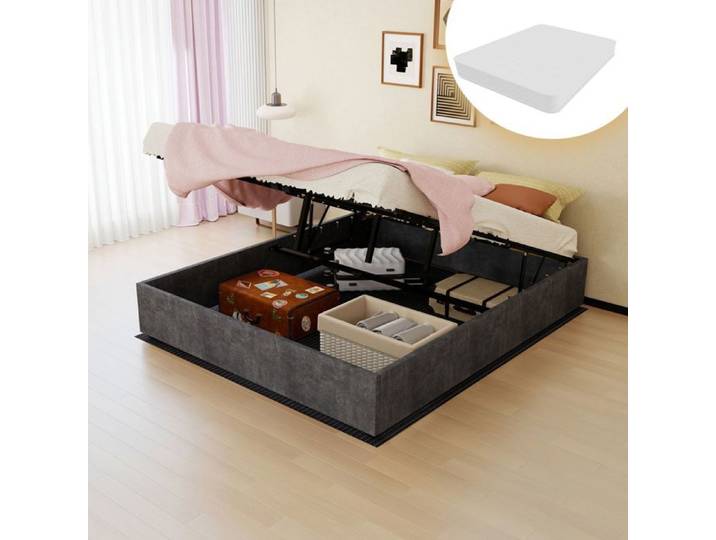 Lit coffre - SOGEU - Design moderne minimaliste - Velours gris - Ressorts à gaz - Matelas inclus