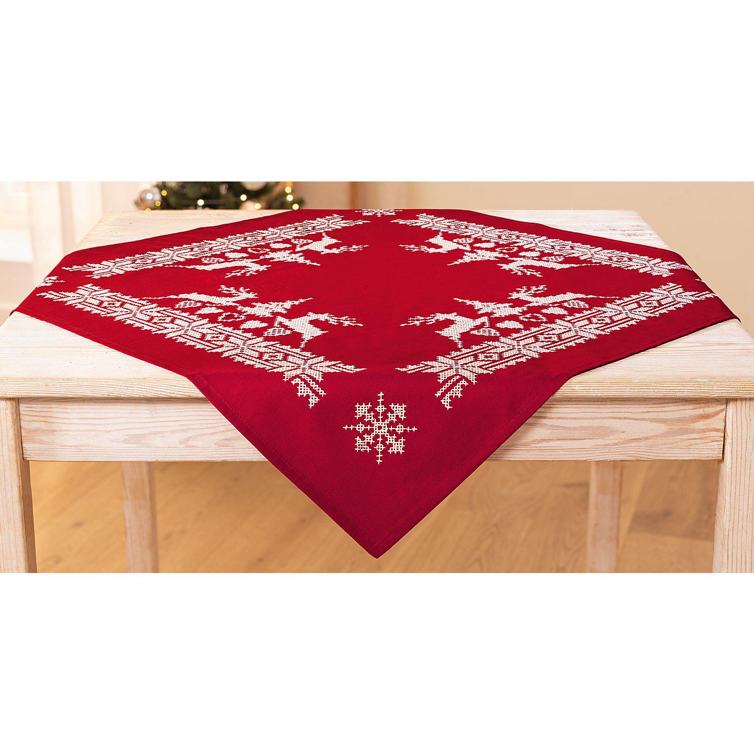Stickmitteldecke "Hirsche rot/weiß