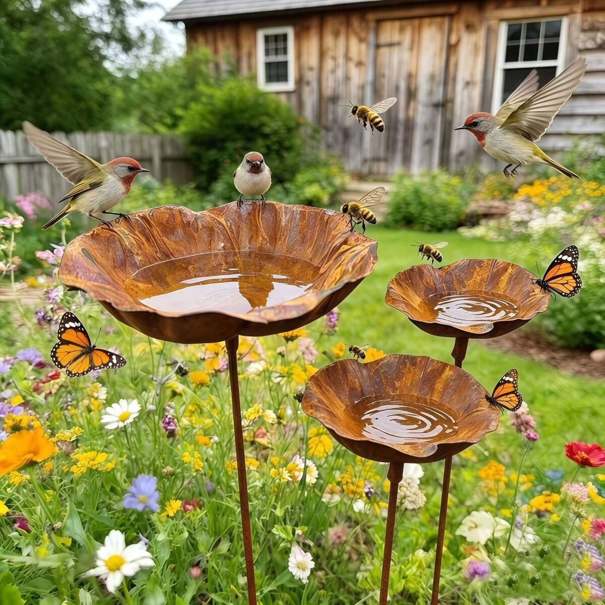 INF Handgefertigter Metall-Blumen-Gartenstecker mit Vogelfutterspender und Eisen-Vogelbad, Gold, 15cmx15cmx60cm