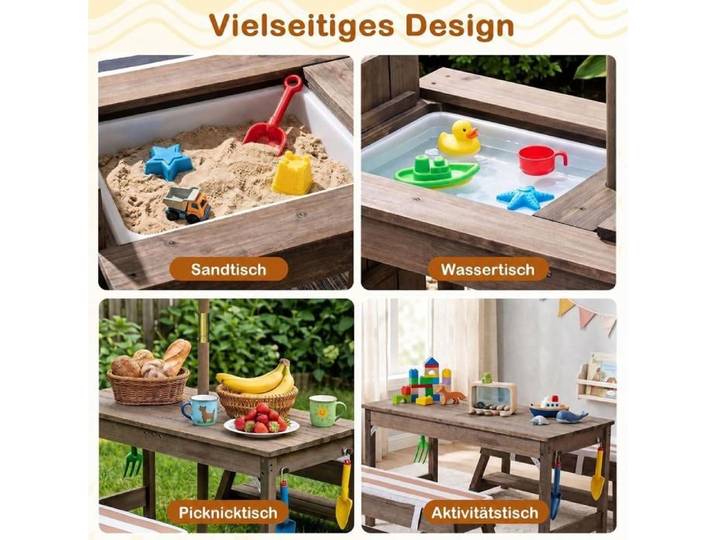 Table de pique-nique enfant avec espace de jeu sable/eau bancs coussinés et parasol pour jardin ou terrasse