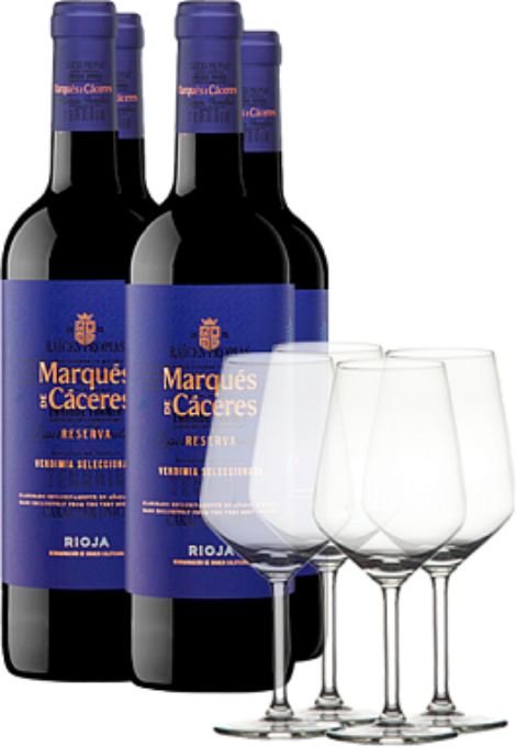 4 Flaschende Marqués de Cáceres Reserva 2020 + 4 Gläsern Weinflaschen mit Gläsern 2020 - Weinflaschen mit Gläsern