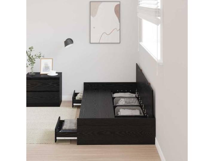 KTHLBRH Bettgestell Eiche Schwarz 98,5 x 200 cm Massives Kiefernholz, Kopfteil inklusive, modernes Design, Montage erforderlich