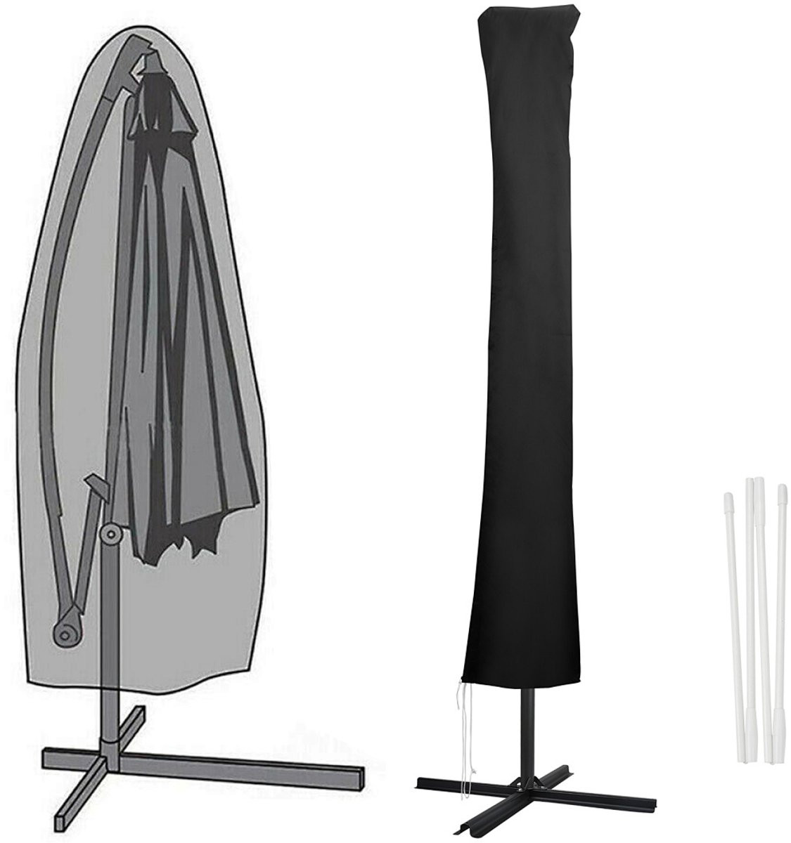 Waterdichte zwarte parasolhoes van polyester met rits en stang, Hoogte: 190 cm