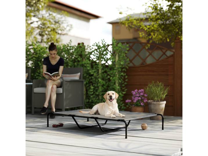 PawHut Lit Surélevé Chien Grand Cadre Acier Maille Lavable Gris