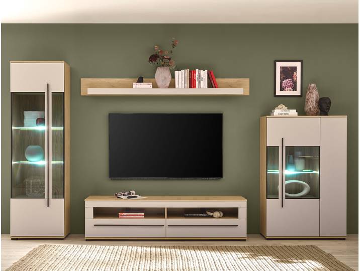 Wohnwand 4-teilig - Highboard Spanplatte, beschichtet Beige/Kaschmir/Eiche Dekor 350cm