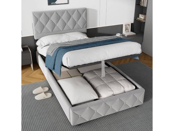 okwish Polsterbett 90x190 mit Bettkasten, Samt, Grau, ohne Matratze verstellbares Kopfteil, Lattenrost aus Holz, Ideal als Einzelbett, Jugendbett und Stauraumbett