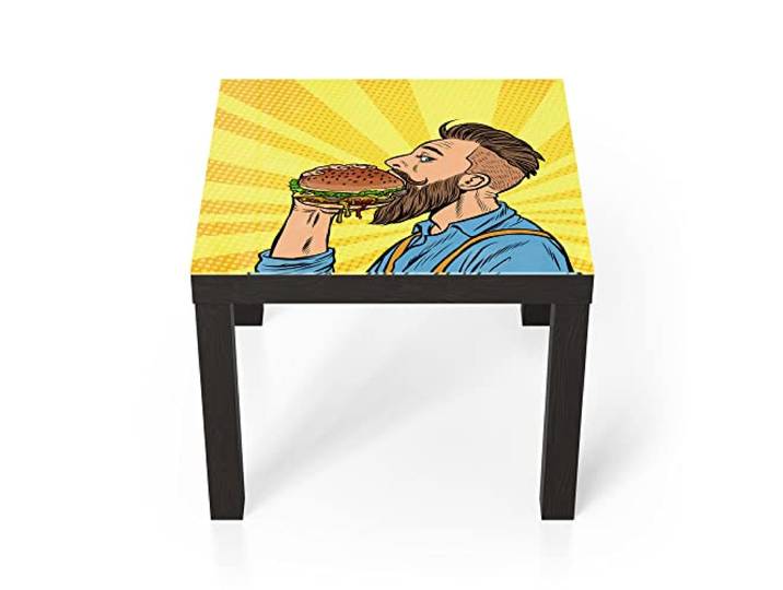 DEQORI Glastisch schwarz klein 55x55 cm Motiv Bärtiger Mann isst Burger ausgefallener Beistelltisch aus Glas Hochglanz Couchtisch fürs Wohnzimmer moderner Couch Tisch mit Design