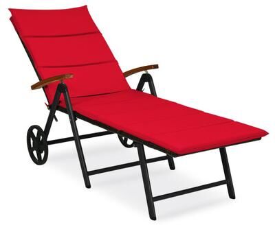 Costway Folding Patio Rattan Lounge Chair with Wheels-Red