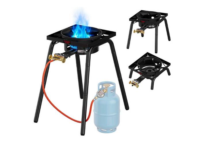 HOMELUX Gaskocher Gas-Hockerkocher 11,5 kW mit Piezozündung, (3-St., mit Schlauch 150 cm und 700 mbar Gas Regler Druckminderer), 3 Bein Profi Gasbrenner Gusseisen für Camping Räucheröfen Wok Kocher