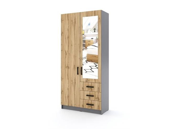 Marlux-Meble Kleiderschrank Sigma 90 mit Spiegel, 2 Türen, Korpus Grau Matt 90 cm Kleiderschrank mit Spiegel, 2 Drehtüren, 3 Schubladen, Korpus Grau Matt, Türen und Schubladen in Wotan-Eiche